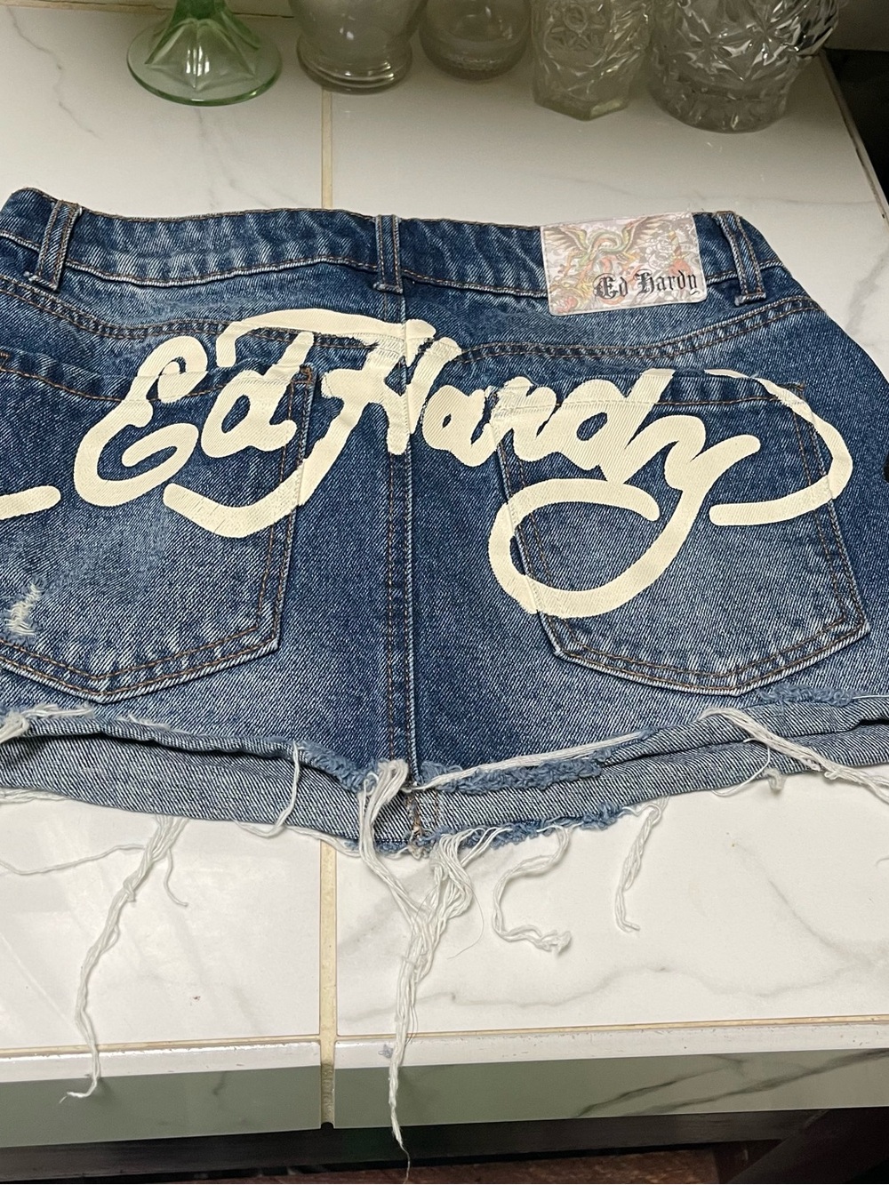 Ed Hardy Blue Denim Cutoff skirt  with Cream Logo